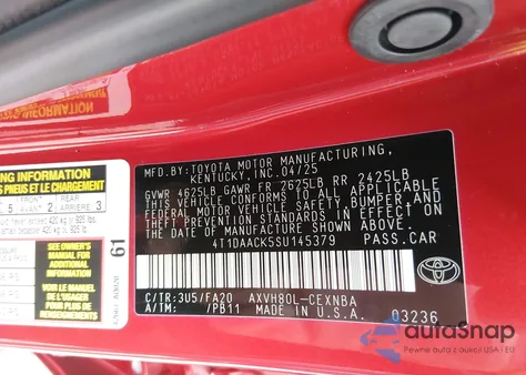 2025 Toyota Camry Le from USA, damaged, VIN 4T1DAACK5SU145379